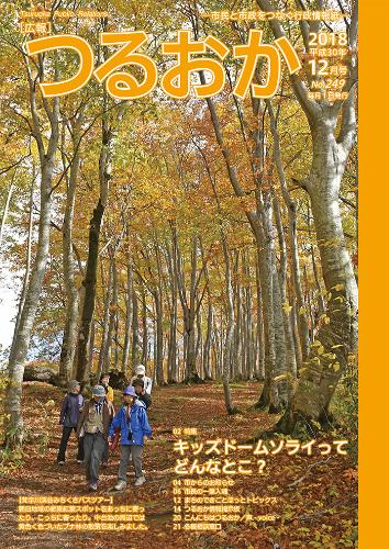 広報「つるおか」2018年12月号の表紙。梵字川渓谷みちくさバスツアー