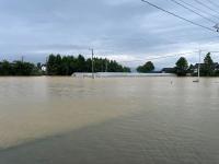 冠水して路面が見えなくなった道路とビニールハウス。